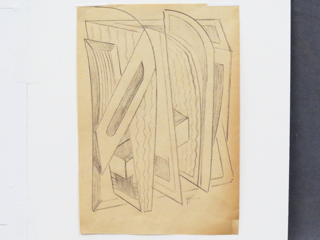 RUSSIAN SCHOOL, AFTER NINA KOGAN, GRAPHITE: RUSSIAN SCHOOL, AFTER NINA KOGAN (RUSSIAN 1887-1942), GRAPHITE ON PAPER, FUTURIST DRAWING, INITIALED. SHEET 8 1/2 X 6"