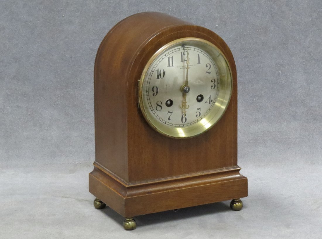 FRENCH INLAID MAHOGANY SHELF CLOCK: FRENCH INLAID MAHOGANY SHELF CLOCK FOR BAILEY, BANKS & BIDDLE/PHILADELPHIA. HEIGHT 9"