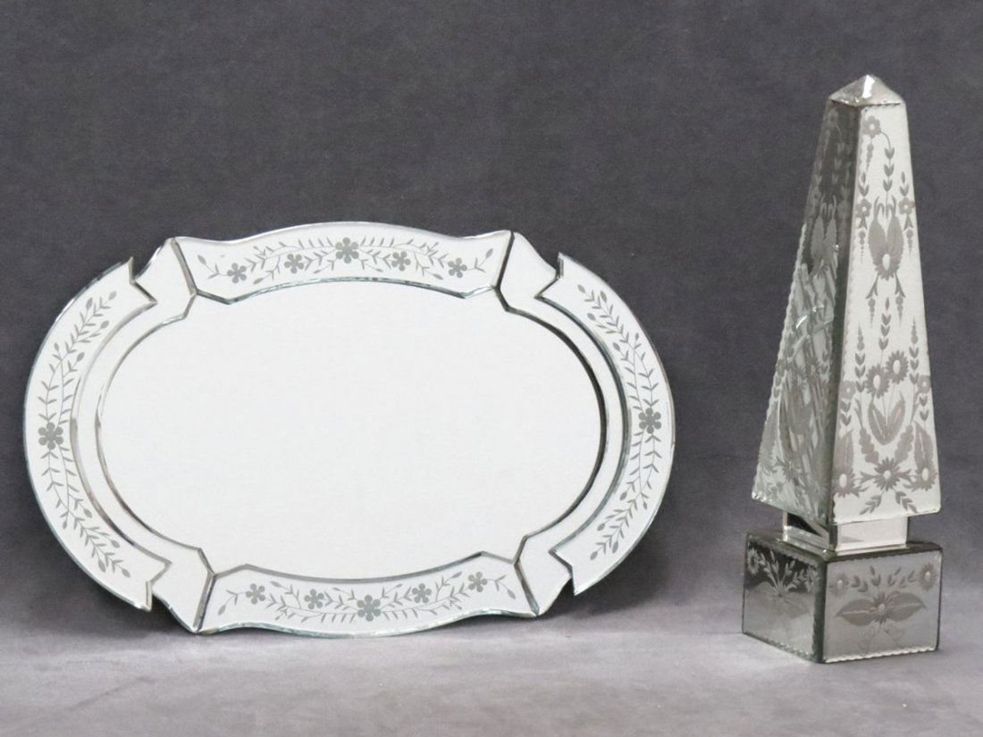 LOT (2) VENETIAN ENGRAVED GLASS OBELISK: LOT (2) VENETIAN ENGRAVED GLASS OBELISK, HEIGHT 17" AND TRAY, 12 1/4 X 19 1/2"
