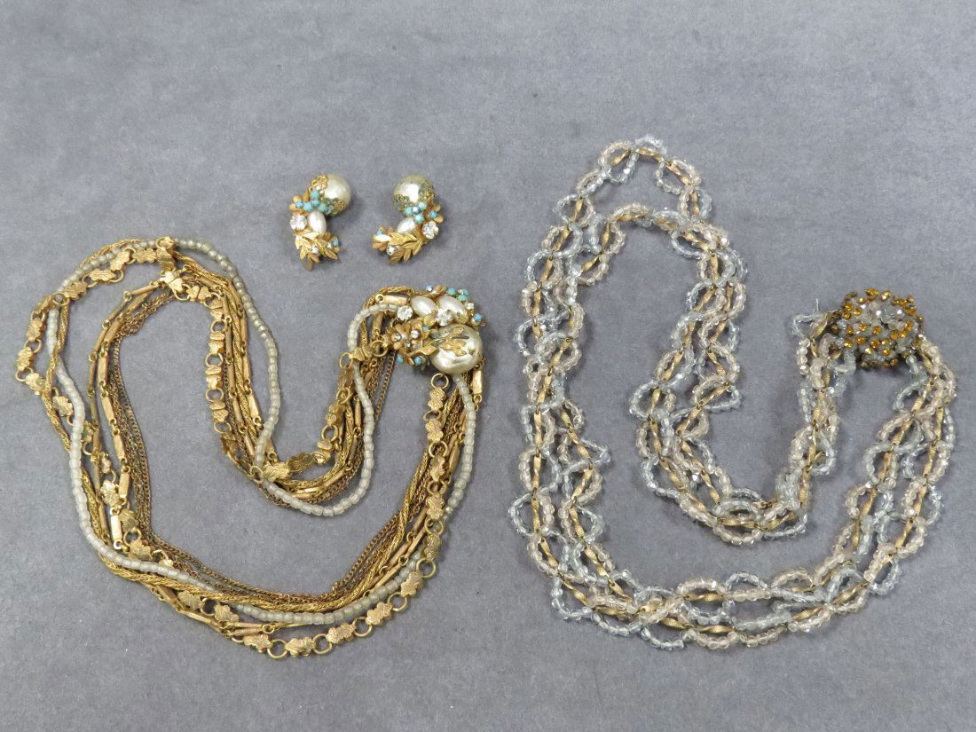 LOT (2) INCLUDING HATTIE CARNEGIE: LOT (2) INCLUDING HATTIE CARNEGIE GLASS BEADED AND GOLD TONE NECKLACE, SIGNED, LENGTH 27" AND SET MIRIAM HASKELL STYLE NECKLACE WITH PAIR CLIP EARRINGS, UNSIGNED (IMPERFECTIONS)