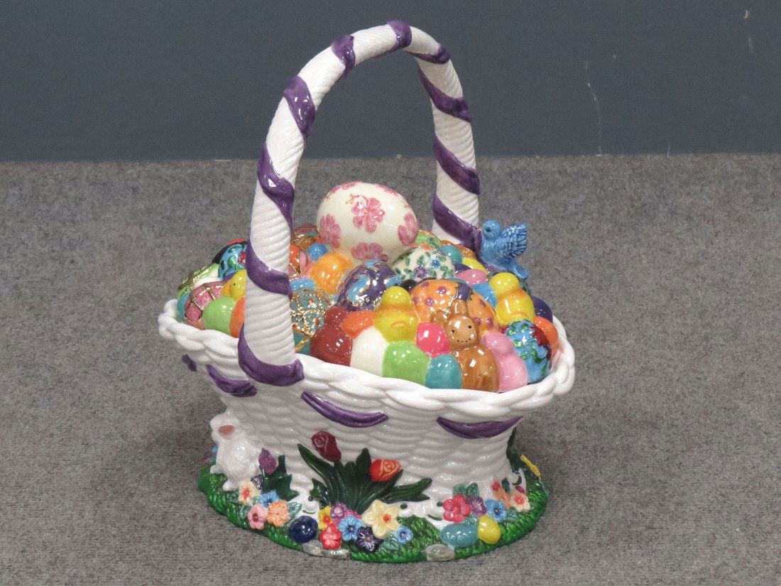 CHRISTOPHER RADKO PORCELAIN COOKIE JAR: CHRISTOPHER RADKO DECORATED PORCELAIN "ON EASTER MORNING COOKIE JAR", #02-6303 RETIRED IN 2001. HEIGHT 12 1/2"; WIDTH 11 1/2" (ORIGINAL BOX)