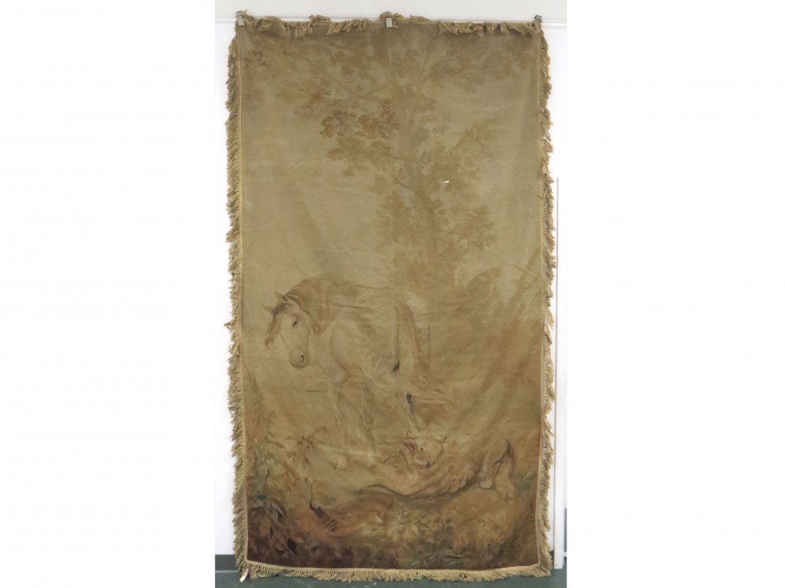 VINTAGE AUBUSSON TAPESTRY, HORSE AND WOLF: VINTAGE AUBUSSON TAPESTRY, HORSE AND WOLF, 19TH CENTURY. 117 X 64" (IMPERFECTIONS)