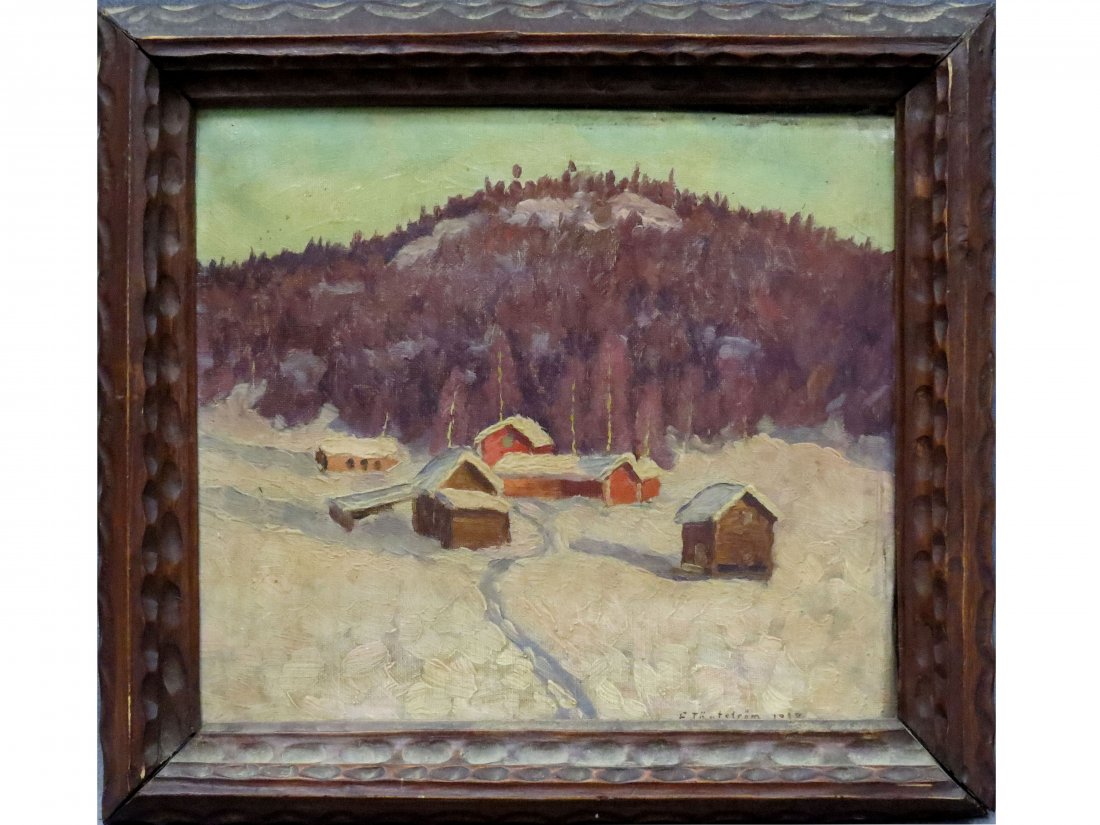 CONTINENTAL SCHOOL (20TH CENTURY), OIL ON CANVAS: CONTINENTAL SCHOOL (20TH CENTURY), OIL ON CANVAS, WINTER LANDSCAPE WITH OUT BUILDINGS, SIGNED E. TAGTSTROM 1928. 11 1/2 X 10"; FRAMED 13 X 14"