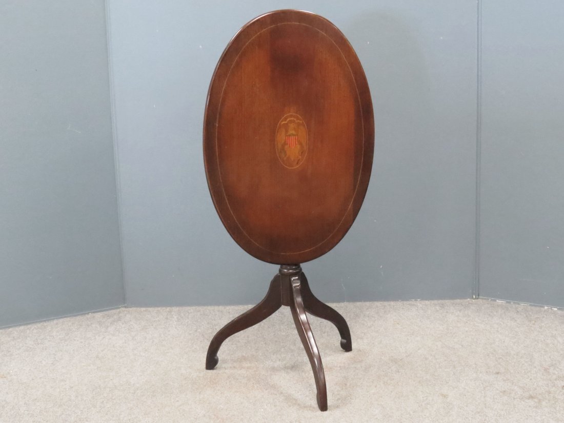 SHERATON STYLE CARVED INLAID TILT-TOP TABLE: SHERATON STYLE CARVED INLAID TILT-TOP TABLE WITH EAGLE INLAY. HEIGHT 26"