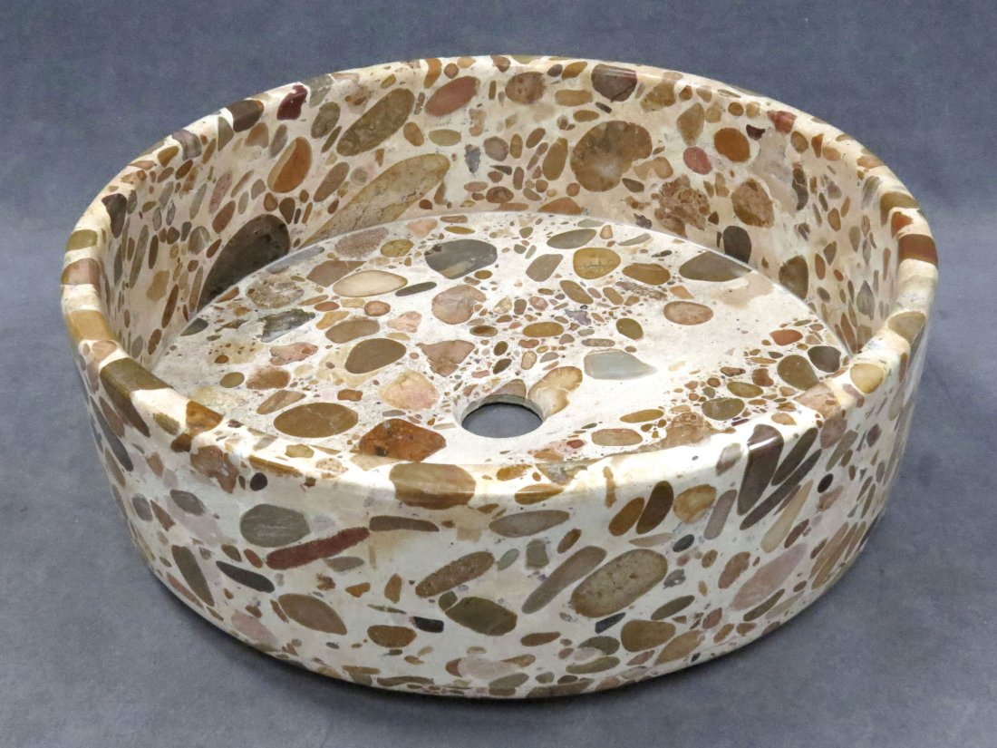 CARVED "CONGLOMERATE STONE" SINK BASIN: CARVED "CONGLOMERATE STONE" SINK BASIN-SURFACE MOUNT. DIAMETER 15 1/2" (CENTER DRAIN CUT-OUT)