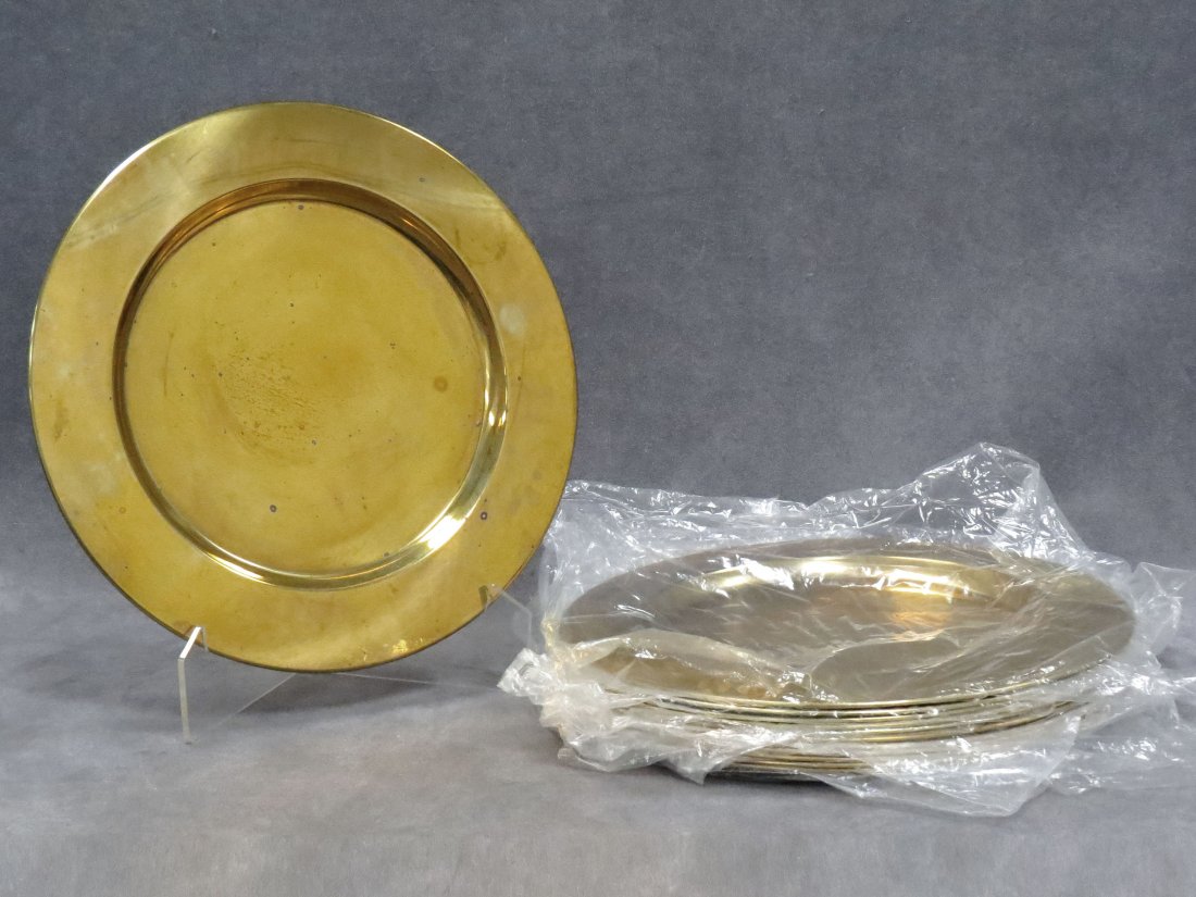 SET (12) LARS KNUDSEN DENMARK, BRASS CHARGERS: SET (12) LARS KNUDSEN DENMARK, BRASS CHARGERS, SIGNED. DIAMETER 12"