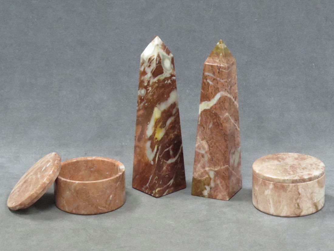 LOT (2) PAIR ROUGE MARBLE OBELISKS/JARS: LOT (2) PAIR ROUGE MARBLE OBELISKS AND ROUND COVERED JARS. HEIGHT OBELISKS 8"