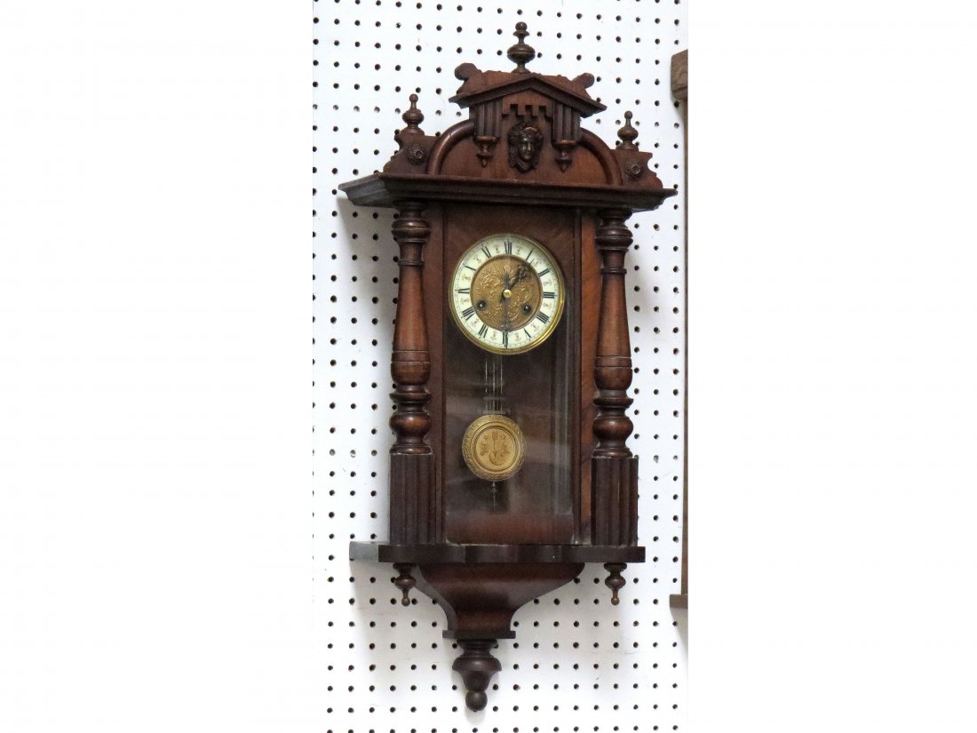 VINTAGE MAHOGANY VIENNA REGULATOR WALL CLOCK: VINTAGE MAHOGANY VIENNA REGULATOR WALL CLOCK. HEIGHT 32"