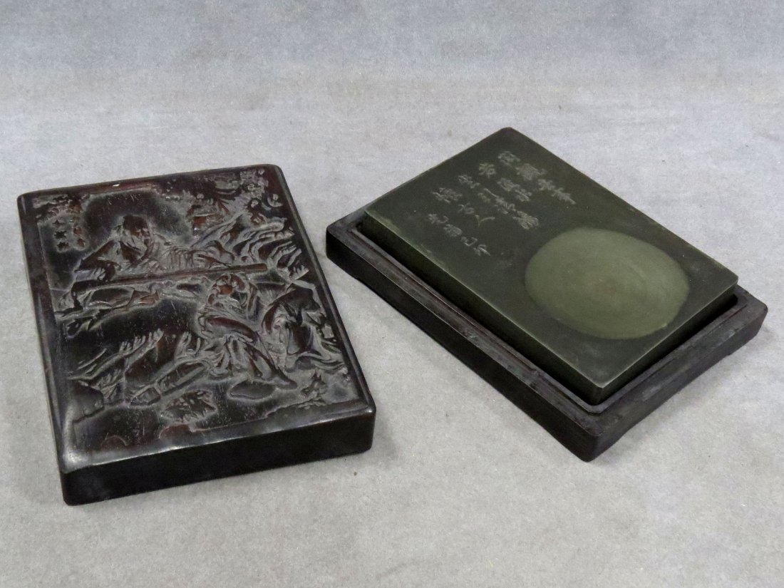 CHINESE CARVED SLATE INK STONE WITH BOX. LENGTH 5 1/2": CHINESE CARVED SLATE INK STONE WITH BOX. LENGTH 5 1/2"