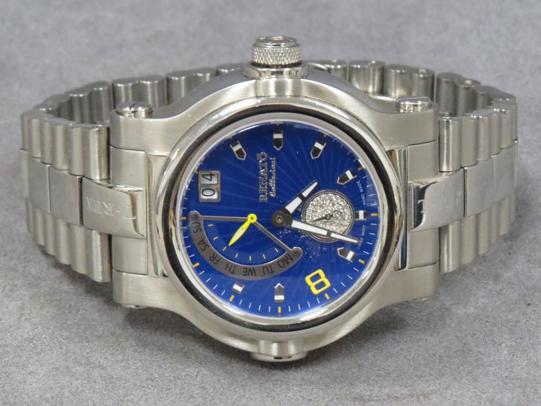 RENATO STAINLESS AND DIAMOND LIMITED EDITION #97/125: RENATO STAINLESS AND DIAMOND LIMITED EDITION #97/125 T-REX RETROGRADE, RONDA 7004.P. SWISS QUARTZ WRISTWATCH. 50MM