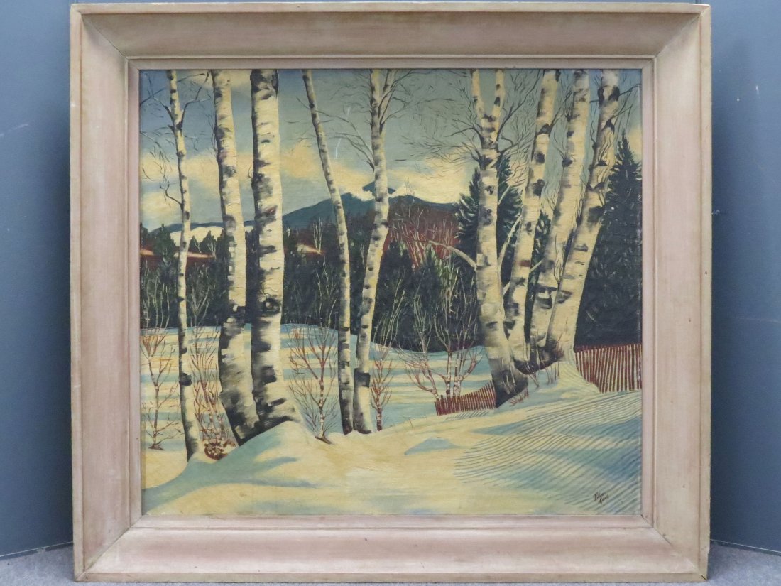 PETER KOCH (GERMAN/AMERICAN 1874-1956), OIL ON CANVAS,: PETER KOCH (GERMAN/AMERICAN 1874-1956), OIL ON CANVAS, WINTER LANDSCAPE WITH BIRCHES, SIGNED. 33 1/2 X 37 1/2"; FRAMED 42 X 46"