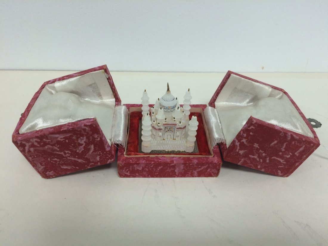 MINIATURE CARVED ALABASTER TOY MODEL OF TAJ MAHAL,: MINIATURE CARVED ALABASTER TOY MODEL OF TAJ MAHAL, CASED. HEIGHT 2 3/4"