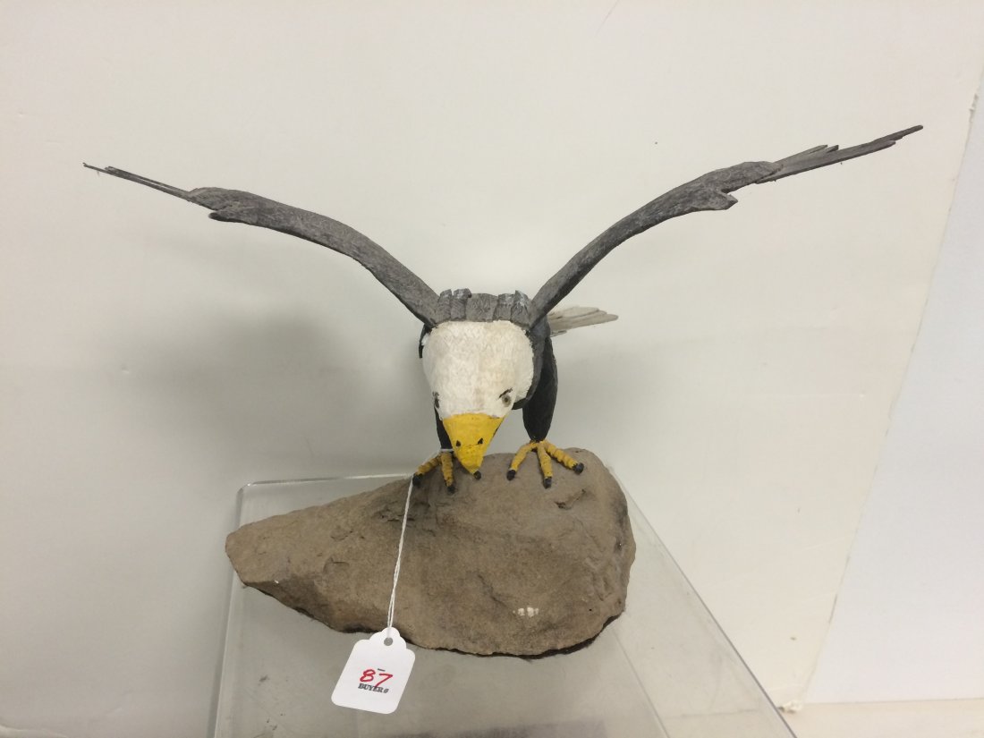 WOLFGANG OTTO KURTZ (AMERICAN 20TH CENTURY), FOLK ART: WOLFGANG OTTO KURTZ (AMERICAN 20TH CENTURY), FOLK ART CARVED EAGLE, SIGNED. HEIGHT 9"; WIDTH 14"
