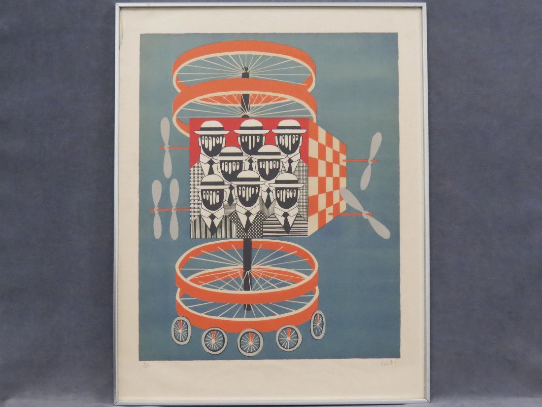 YANNIS GAITIS (GREEK 1923-1984), COLOR LITHOGRAPH, "CAR: YANNIS GAITIS (GREEK 1923-1984), COLOR LITHOGRAPH, "CAR POOL", SIGNED #7/250 1973. FRAMED AND GLAZED-31 1/2 X 24 1/2"