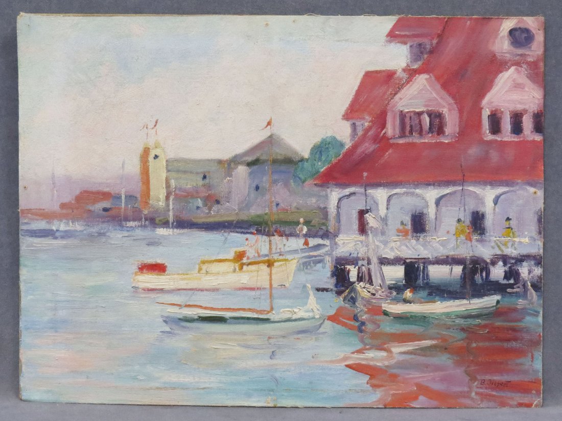 BESS GILBERT (AMERICAN 1897-1965), OIL ON CANVAS: BESS GILBERT (AMERICAN 1897-1965), OIL ON CANVAS BOARD, HARBOR WITH BOATS, SIGNED. 15 X 20"