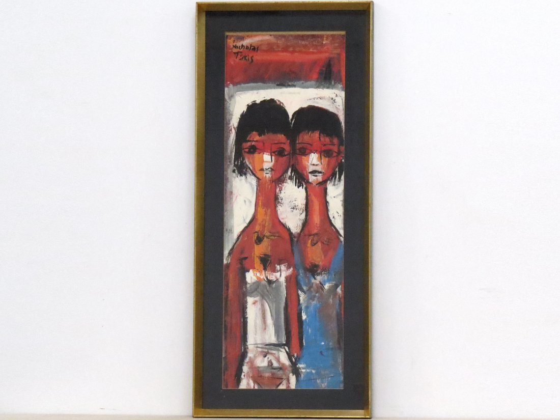 NICHOLAS TAKIS (AMERICAN/NY 1903-1965), OIL: NICHOLAS TAKIS (AMERICAN/NY 1903-1965), OIL ON PAPER, SISTERS, SIGNED. SIGHT 32 X 11"; FRAMED AND GLAZED-37 1/2 X 16"