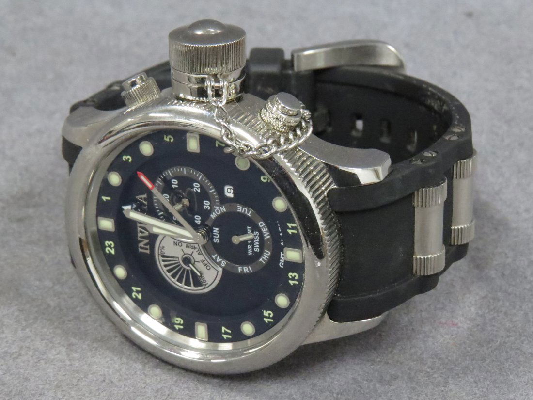 INVICTA STAINLESS/BLACK POLY, RUSSIAN DIVER WATCH: INVICTA STAINLESS/BLACK POLY, RUSSIAN DIVER GMT/ALARM MODEL 6172 QUARTZ WRISTWATCH (52MM)