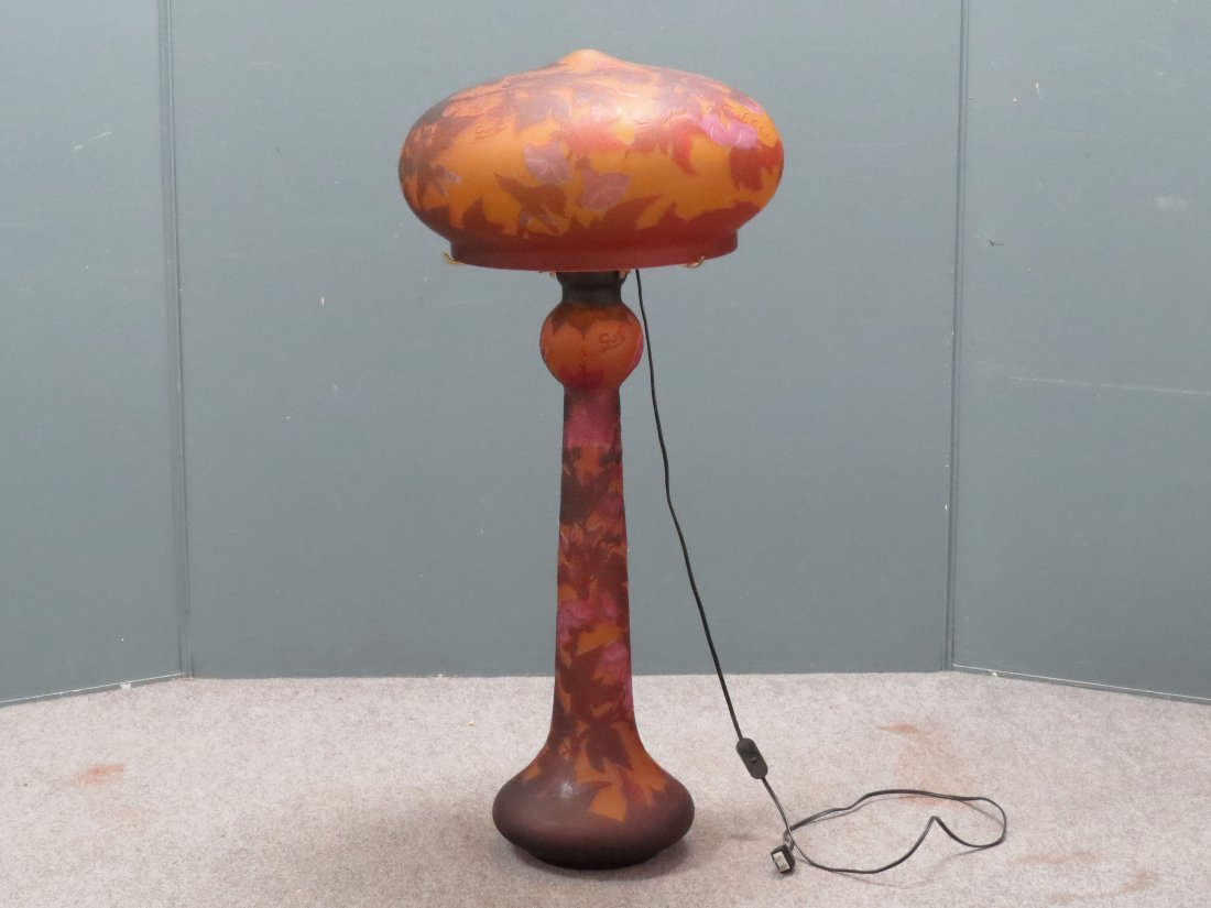 CONTINENTAL CARVED ART GLASS MUSHROOM LAMP, SIGNED: CONTINENTAL CARVED ART GLASS MUSHROOM LAMP, SIGNED GALLE TIP. HEIGHT 39"; DIAMETER 18"
