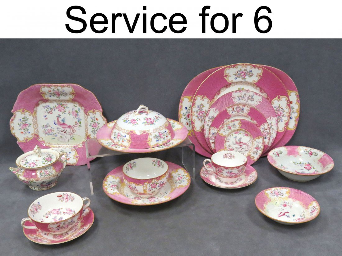 MINTON "PINK COCKATRICE", DINNERWARE: MINTON DECORATED PORCELAIN "PINK COCKATRICE", DINNER SERVICE FOR (6) WITH EXTRAS (82 PIECES)
