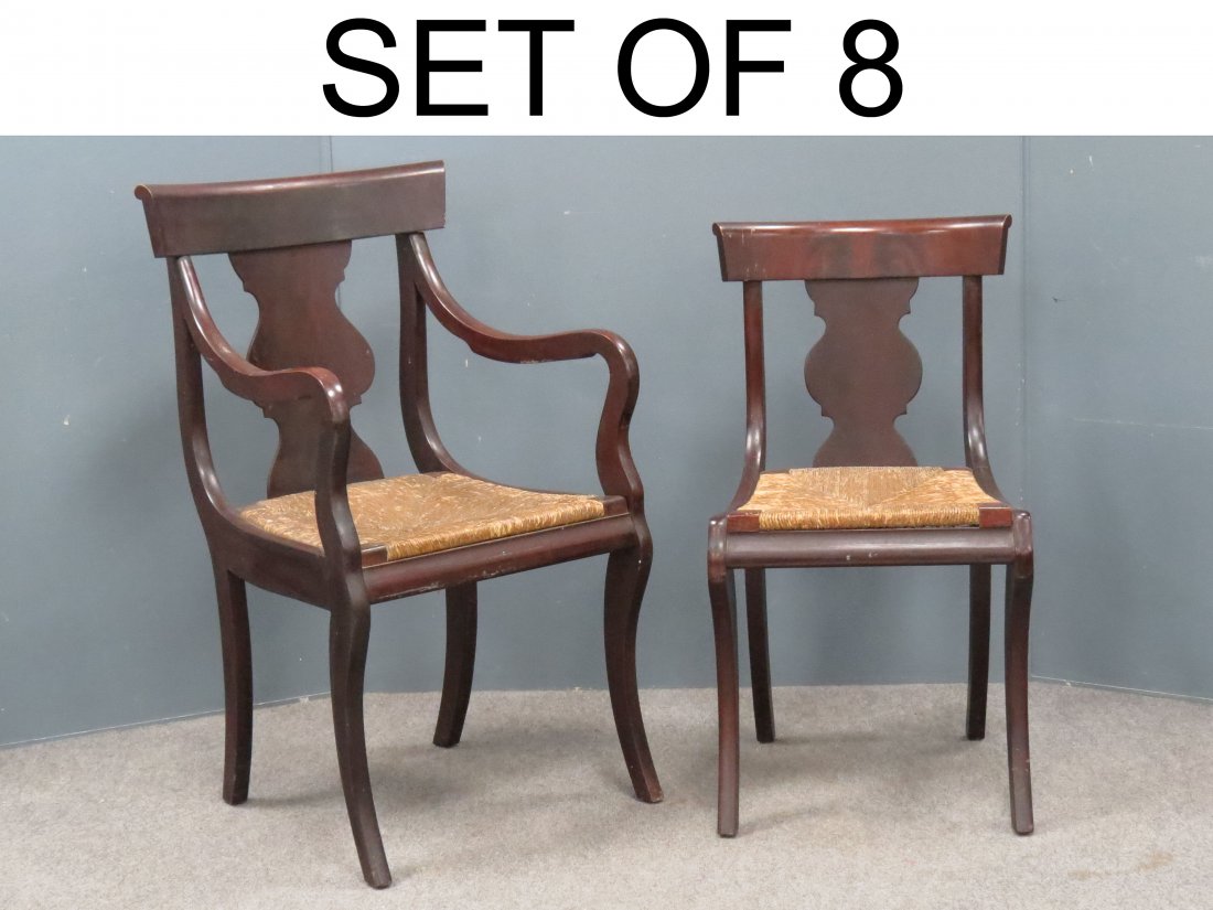 SET (8) FEDERAL STYLE MAHOGANY DINING CHAIRS: SET (8) FEDERAL STYLE CARVED MAHOGANY SPLAT BACK RUSH SEAT DINING CHAIRS INCLUDING (2) ARM, 19/20TH CENTURY