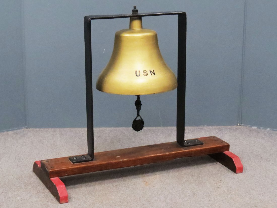 UNITED STATES NAVY SEAGOING TUG SHIP'S BELL: UNITED STATES NAVY SEAGOING TUG SHIP'S BELL, POST WWI. HEIGHT 13"; DIAMETER 14" WITH CUSTOM STAND
