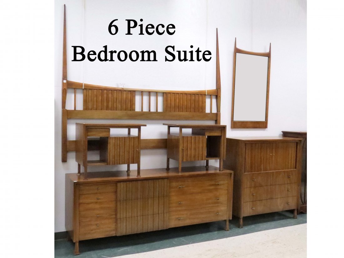 MID-CENTURY JOHN WIDDICOMB CARVED WALNUT BEDROOM: MID-CENTURY JOHN WIDDICOMB CARVED WALNUT BEDROOM SUITE (6) INCLUDING TAMBOUR CHEST, HEIGHT 47"; WIDTH 40"; TRIPLE DRESSER WITH STAR PULLS, HEIGHT 31"; WIDTH 74"; HANGING MIRROR, HEIGHT 52 1/2"; WIDTH 