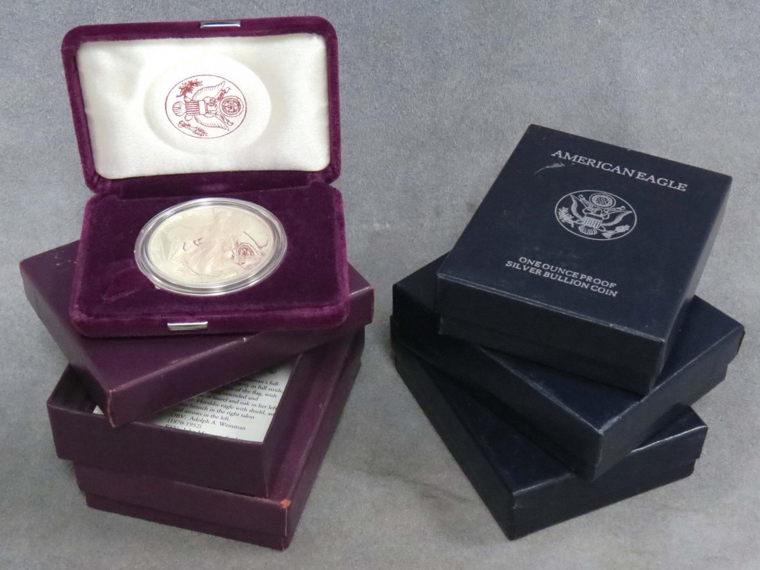 LOT (5) ASSORTED US AMERICAN EAGLE 1-OUNCE COINS: LOT (5) ASSORTED US AMERICAN EAGLE 1-OUNCE PROOF SILVER BULLION COINS INCLUDING (2) 1993, (1) 1995, (2) 1997