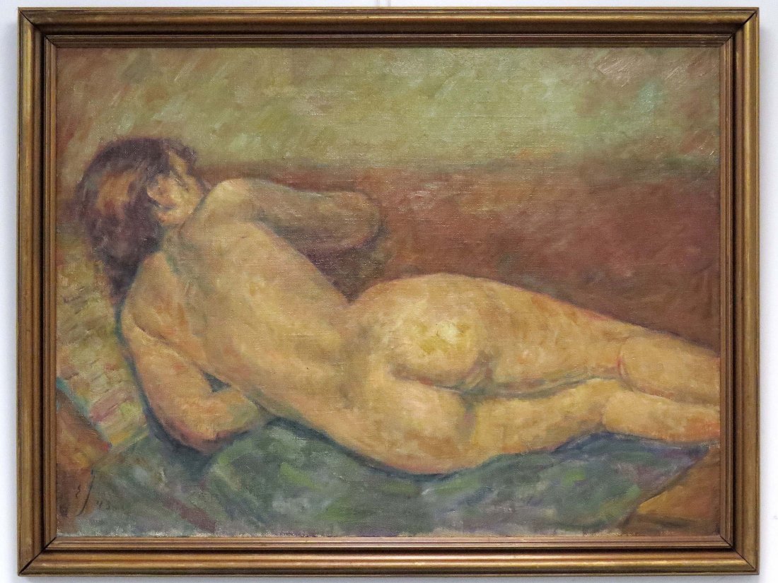 SCANDINAVIAN SCHOOL (20TH CENTURY), OIL ON CANVAS: SCANDINAVIAN SCHOOL (20TH CENTURY), OIL ON CANVAS, RECLINING NUDE, SIGNED '43. 27 1/2 X 37 1/2"; FRAMED 32 X 42"