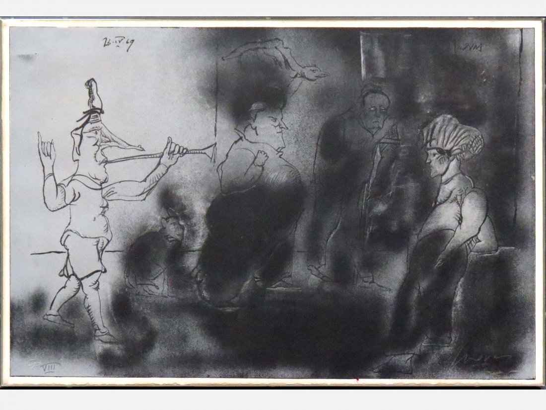 JOSE LUIS CUEVAS (MEXICAN 1933-), LITHOGRAPH: JOSE LUIS CUEVAS (MEXICAN 1933-), LITHOGRAPH/ARCHES, LE DEFILE, #VIII FROM THE HOMAGE TO QUEVEDO PORTFOLIO, 1969, SIGNED ED OF 100. FRAMED AND GLAZED-15 X 23"