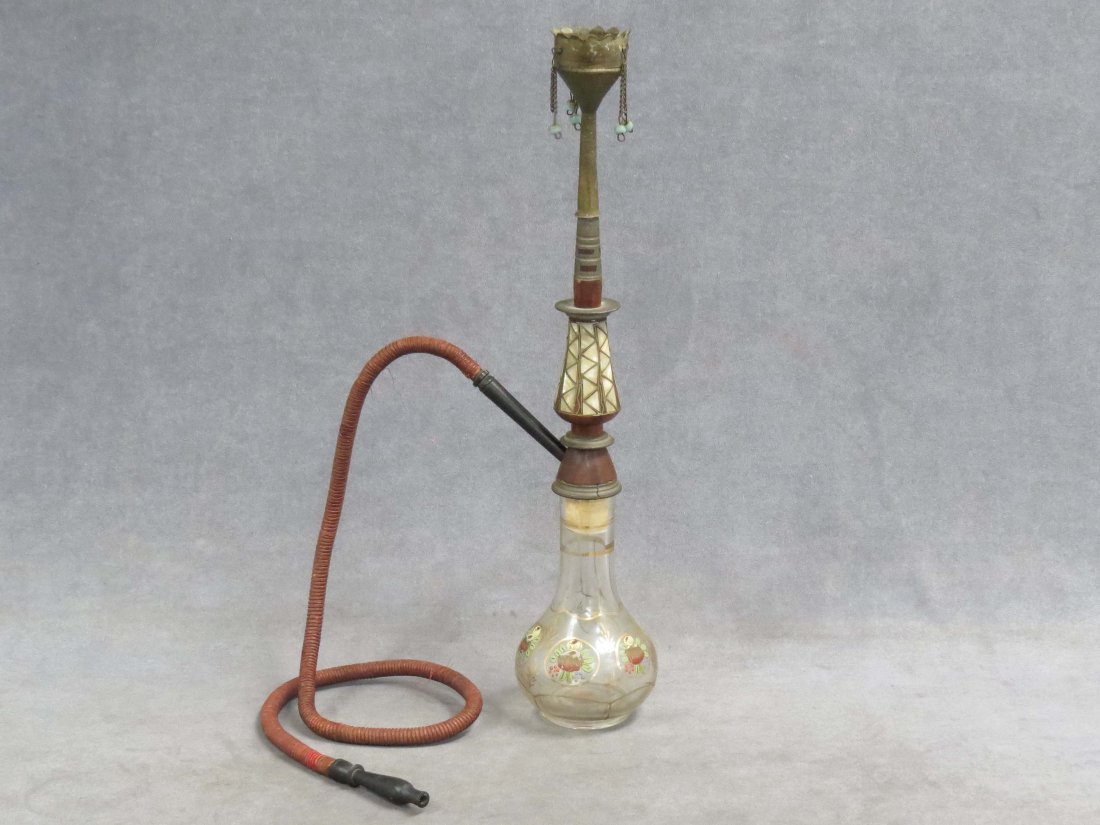 VINTAGE MIDDLE EASTERN HOOKAH: VINTAGE MIDDLE EASTERN HOOKAH WITH GILT DECORATED BOWL AND MOTHER-OF-PEARL INLAID STEM. HEIGHT 19 1/4"