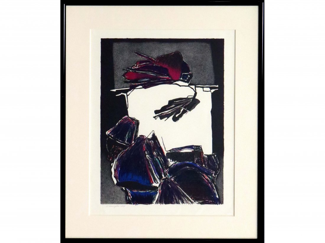 DEBORAH REMINGTON (AMERICAN 1930-2010), LITHOGRAPH: DEBORAH REMINGTON (AMERICAN 1930-2010), LITHOGRAPH, "QUADRA", SIGNED EMBOSSED STAMP-THE PRINT CLUB OF CLEVELAND. SIGHT 27 X 20"; FRAMED AND GLAZED-35 1/2 X 28 1/2"