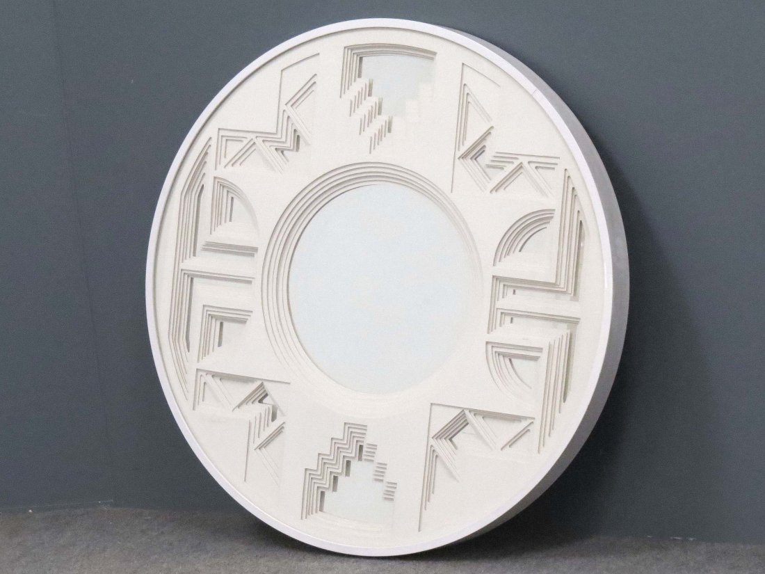 GREG COPELAND GEOMETRIC WALL SCULPTURE: GREG COPELAND GEOMETRIC CARDBOARD CONSTRUCTION MIRRORED WALL SCULPTURE, SIGNED. DIAMETER 30 1/2"