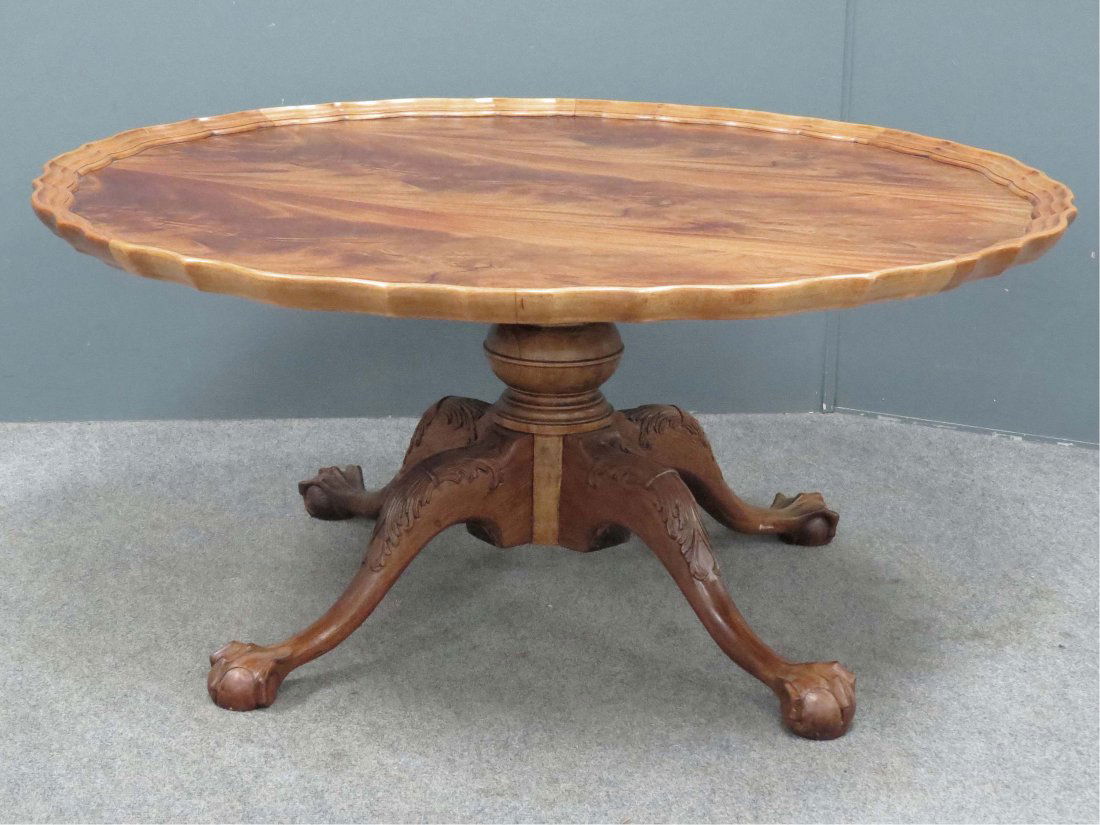 HENREDON BURLED WALNUT PIE CREST COFFEE: HENREDON BURLED WALNUT PIE CREST COFFEE TABLE WITH LABEL, #4209504. HEIGHT 19"; DIAMETER 42"