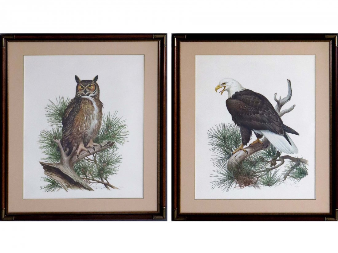 ROGER TORY PETERSON (AMERICAN 20TH CENTURY): ROGER TORY PETERSON (AMERICAN 20TH CENTURY), LOT (2) OFFSET LITHOGRAPHS INCLUDING "BALD EAGLE", #739/950, SIGNED AND "GREAT HORNED OWL", #496/750, SIGNED. BOTH SIGHT 28 X 22"; FRAMED AND GLAZED-37 X 3