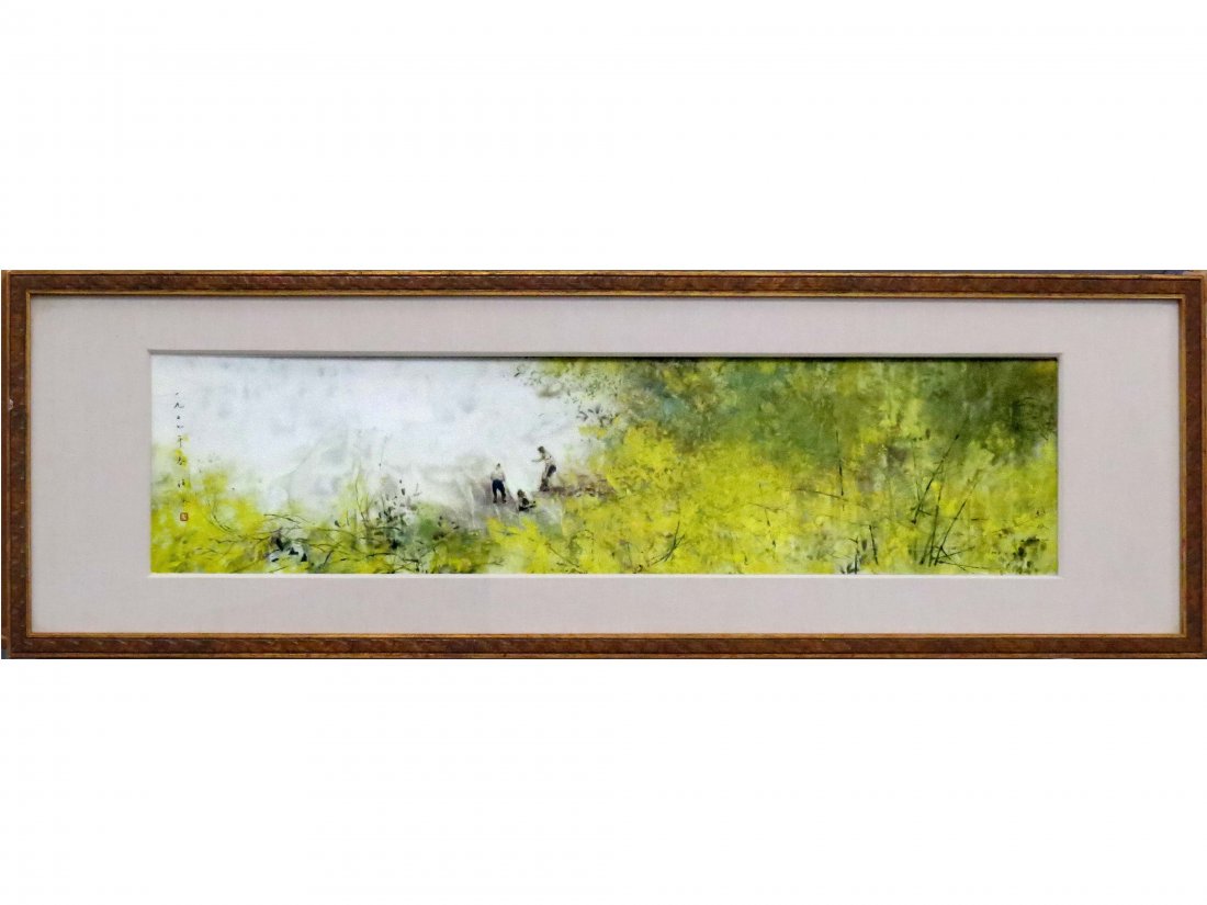 CHEN CHI (CHINESE 1912-2005), LITHOGRAPH: CHEN CHI (CHINESE 1912-2005), LITHOGRAPH, LANDSCAPE WITH FIGURES, SIGNED. SIGHT 9 X 37"; FRAMED AND GLAZED-16 X 50"
