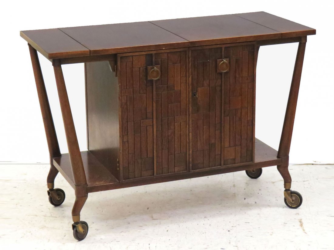 BERT ENGLAND DESIGNER MODERN WALNUT BAR CART: BERT ENGLAND DESIGNER MODERN INLAID WALNUT BAR CART, SIGNED JOHNSON FURNITURE, C.1968. HEIGHT 29 1/2"; WIDTH 42 1/2"