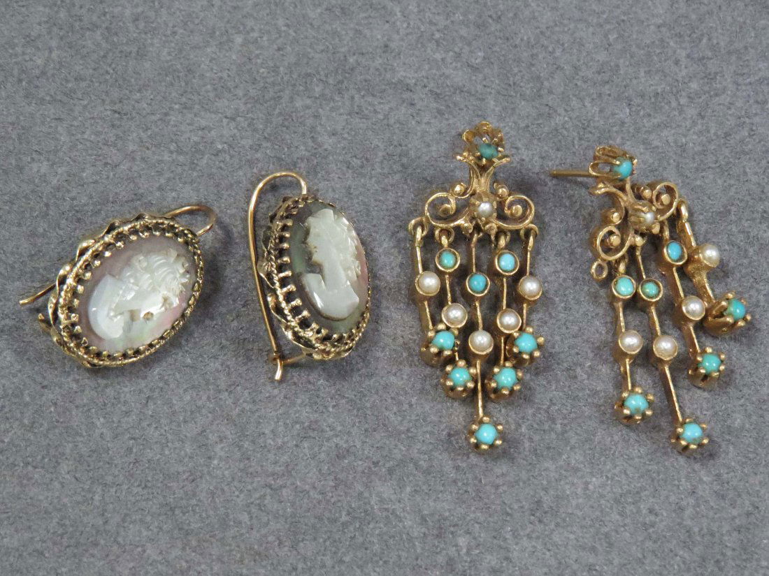 LOT (2) PAIR YELLOW GOLD (TESTS/14K) EARRINGS: LOT (2) PAIR YELLOW GOLD (TESTS/14K) EARRINGS INCLUDING TURQUOISE AND SEED PEARLS AND ABALONE SHELL CAMEO HOOPS. GROSS WEIGHT 15.74 OZT