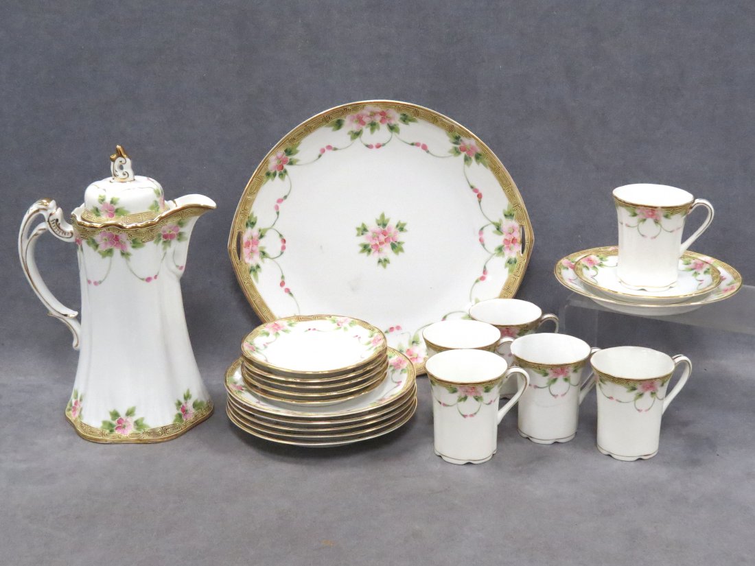 JAPANESE NIPPON DECORATED PORCELAIN DESSERT SET: JAPANESE NIPPON DECORATED PORCELAIN DESSERT SET INCLUDING PLATES, CUPS, SAUCERS, COFFEE POT, HEIGHT 10"