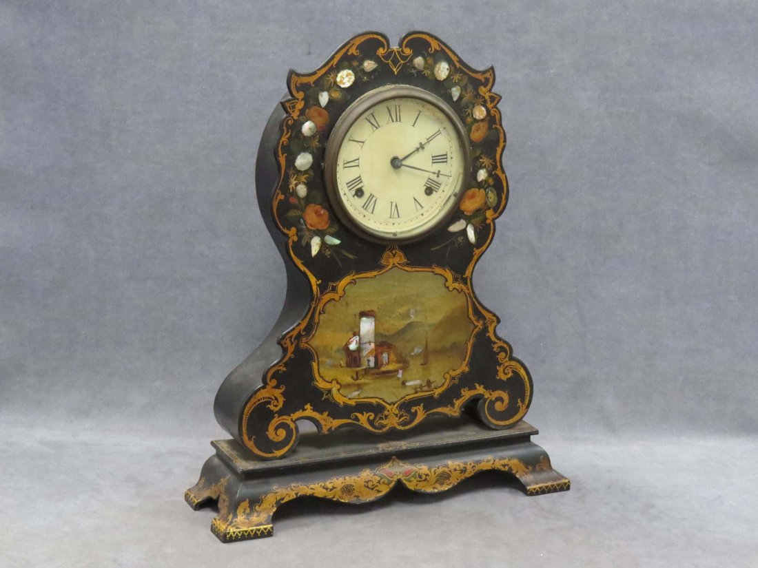 CHAUNCEY JEROME SHELF CLOCK: CHAUNCEY JEROME POLYCHROMED AND MOTHER-OF-PEARL INLAID SHELF CLOCK, 19TH CENTURY. HEIGHT 20 1/2"