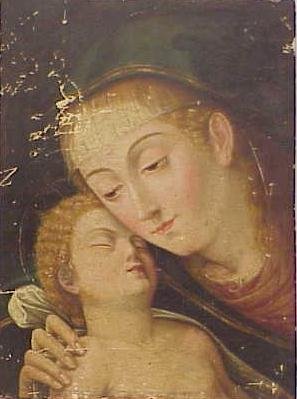 OIL ON PANEL, MADONNA/CHILD, NORTHERN ITALIAN/GERM: OIL ON PANEL, MADONNA/CHILD, NORTHERN ITALIAN/GERMAN SCHOOL, 18TH CENTURY, INSCRIBED VERSO. 15 1/2X 11 1/2" (ABRADED/PAINT LOSS)
