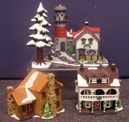 LOT DEPARTMENT 56 "HERITAGE VILLAGE COLLECTION": LOT DEPARTMENT 56 "HERITAGE VILLAGE COLLECTION" INCLUDING "PIGEONHEAD LIGHTHOUSE", #5653-7"; "TIMBER KNOLL LOG CABIN", #6544-7"; "CAPTAIN'S COTTAGES", #5947-1"; "VILLAGE PINE", #5218-3"