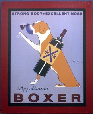 ADVERTISING OFFSET LITHOGRAPH ON CANVAS: ADVERTISING OFFSET LITHOGRAPH ON CANVAS, "BOXER MERLOT". 34 X 28"