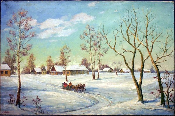 CONTINENTAL SCHOOL (20TH CENTURY) OIL ON CANVAS: CONTINENTAL SCHOOL (20TH CENTURY) OIL ON CANVAS, WINTER LANDSCAPE WITH TROIKA, SIGNED. 24 X 36"