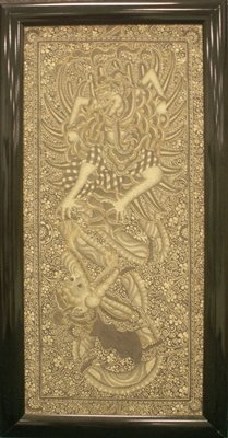 BALINESE SCHOOL (20TH CENTURY), WATERCOLOR: BALINESE SCHOOL (20TH CENTURY), WATERCOLOR ON FABRIC, BATTLE OF DEITIES. FRAMED 33 X 17"