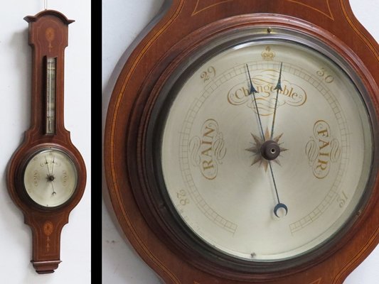 ADAM STYLE CARVED AND INLAID MAHOGANY THERMOMETER: ADAM STYLE CARVED AND INLAID MAHOGANY THERMOMETER/BAROMETER. HEIGHT 37"