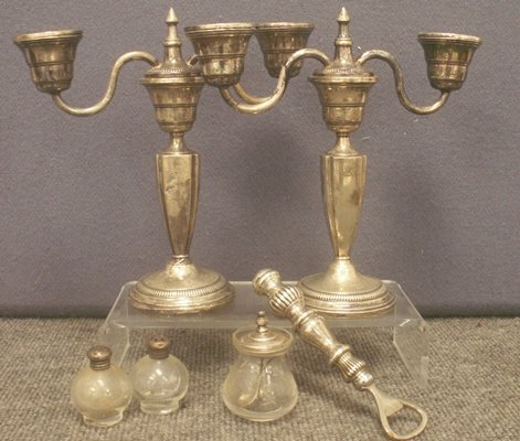 LOT ASSORTED STERLING SILVER: LOT ASSORTED STERLING SILVER INCLUDING PAIR WEIGHTED CANDELABRAS, HEIGHT 8 1/2"; BOTTLE OPENER, LENGTH 6 1/2"; SALT/PEPPER AND CONDIMENT