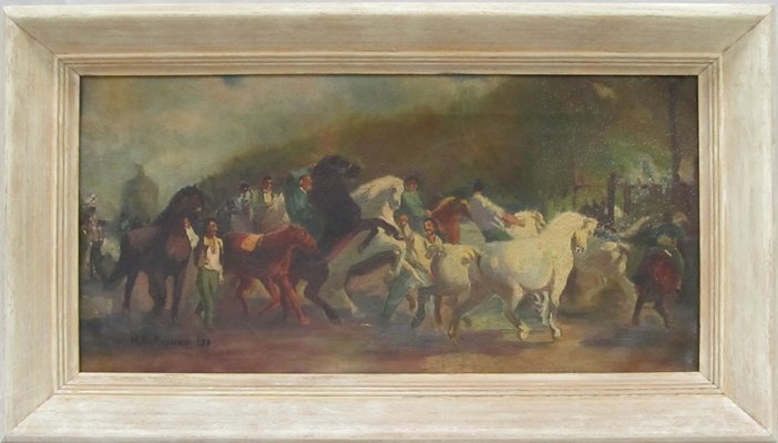AFTER ROSA BONHEUR, OIL ON CANVAS, THE HORSE FAIR: AFTER ROSA BONHEUR, OIL ON CANVAS, THE HORSE FAIR, SIGNED M.L. ROONEY 1939. FRAMED 15 X 26"