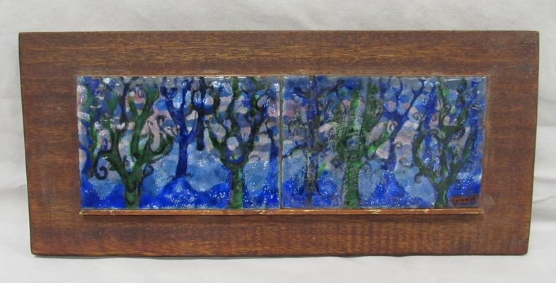 COPPER ENAMEL DYPTICH, FOREST SCENE, SIGNED MOORE: COPPER ENAMEL DYPTICH, FOREST SCENE, SIGNED MOORE. OVERALL 15 1/2 X 7"