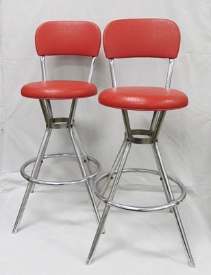 PAIR MID-CENTURY RED VINYL COSCO SWIVEL STOOLS: PAIR MID-CENTURY RED VINYL COSCO SWIVEL STOOLS. HEIGHT 34"