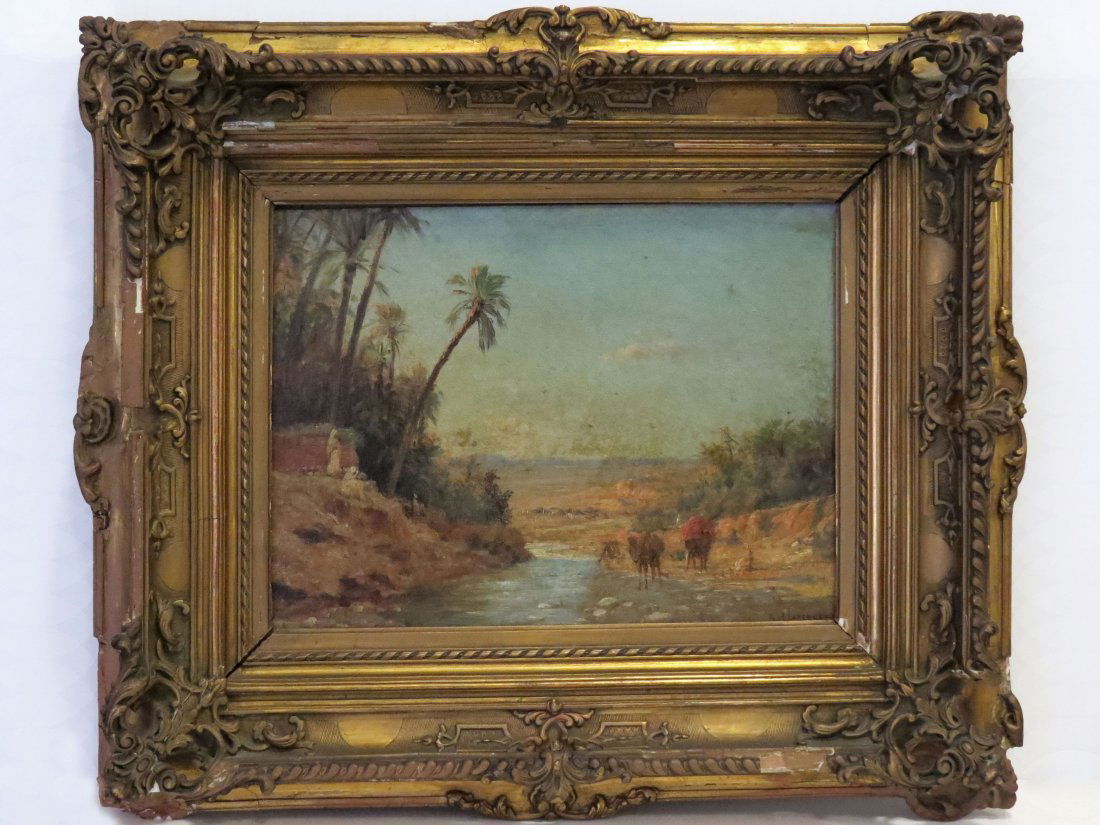 PAUL JEAN BAPTISTE LAZERGES (FRENCH 1845-1902): PAUL JEAN BAPTISTE LAZERGES (FRENCH 1845-1902), OIL ON PANEL, L'OASIS, SIGNED. 9 1/2 X 12 3/4"; FRAMED 17 X 21" PROVENANCE: COLLECTION OF MISS NINA UNTERMEYER